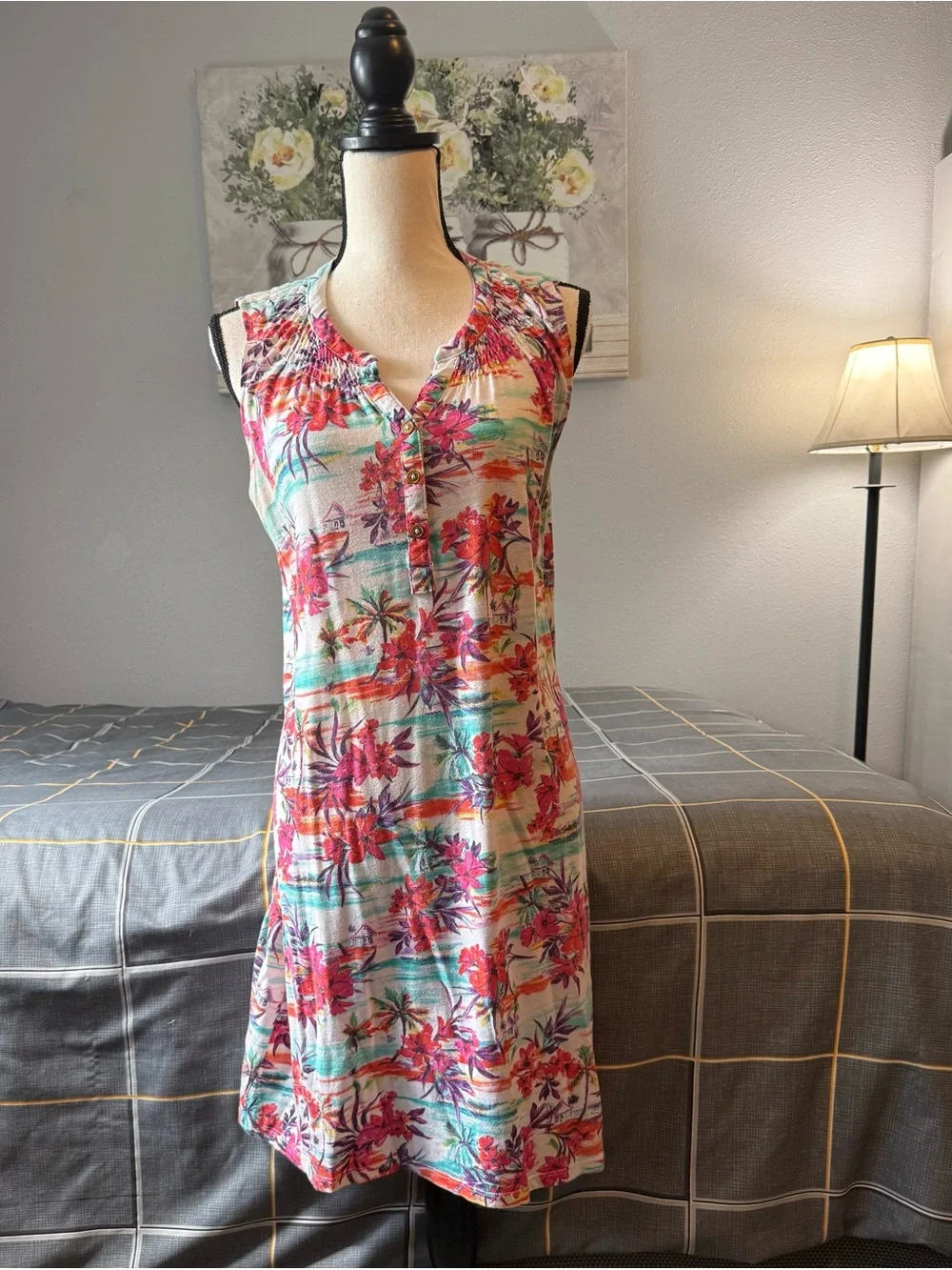 👗Caribbean Joe Sleeveless Tropical Floral Dress in Pink & Teal Size Large